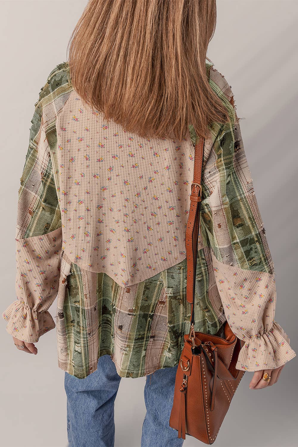 LDC Boho Floral Plaid Patchwork Distressed Shacket