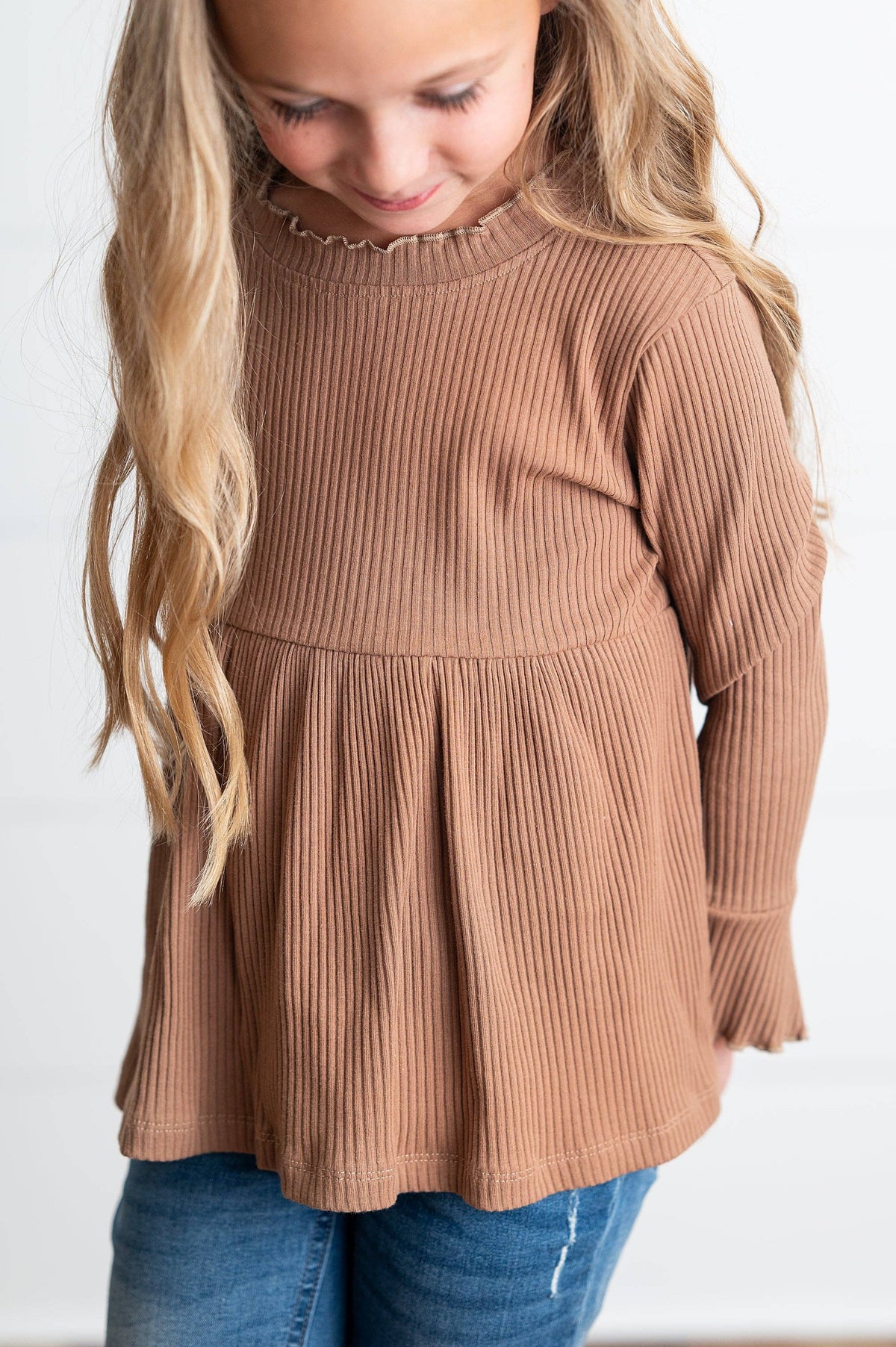 Kids Toffee Long Sleeve Lettuce Trim Ribbed Fall WinterShirt