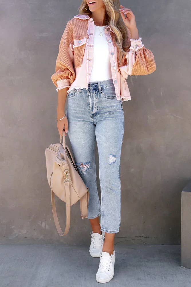 Plain Waffle Knit Button Up Crop Shacket