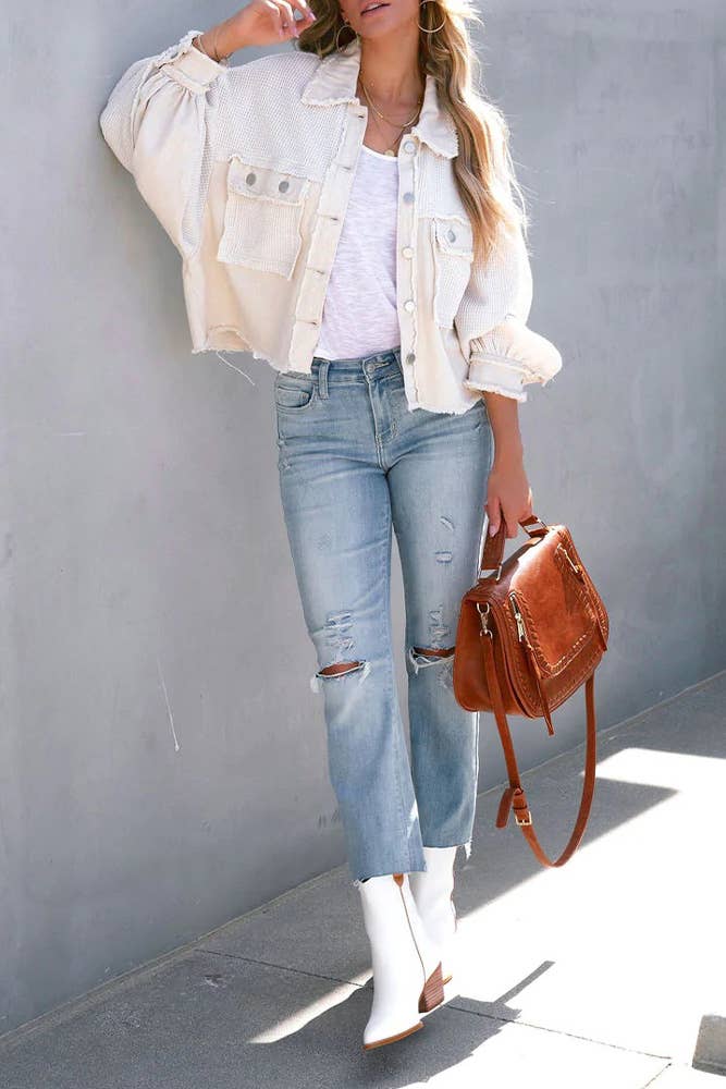 Plain Waffle Knit Button Up Crop Shacket