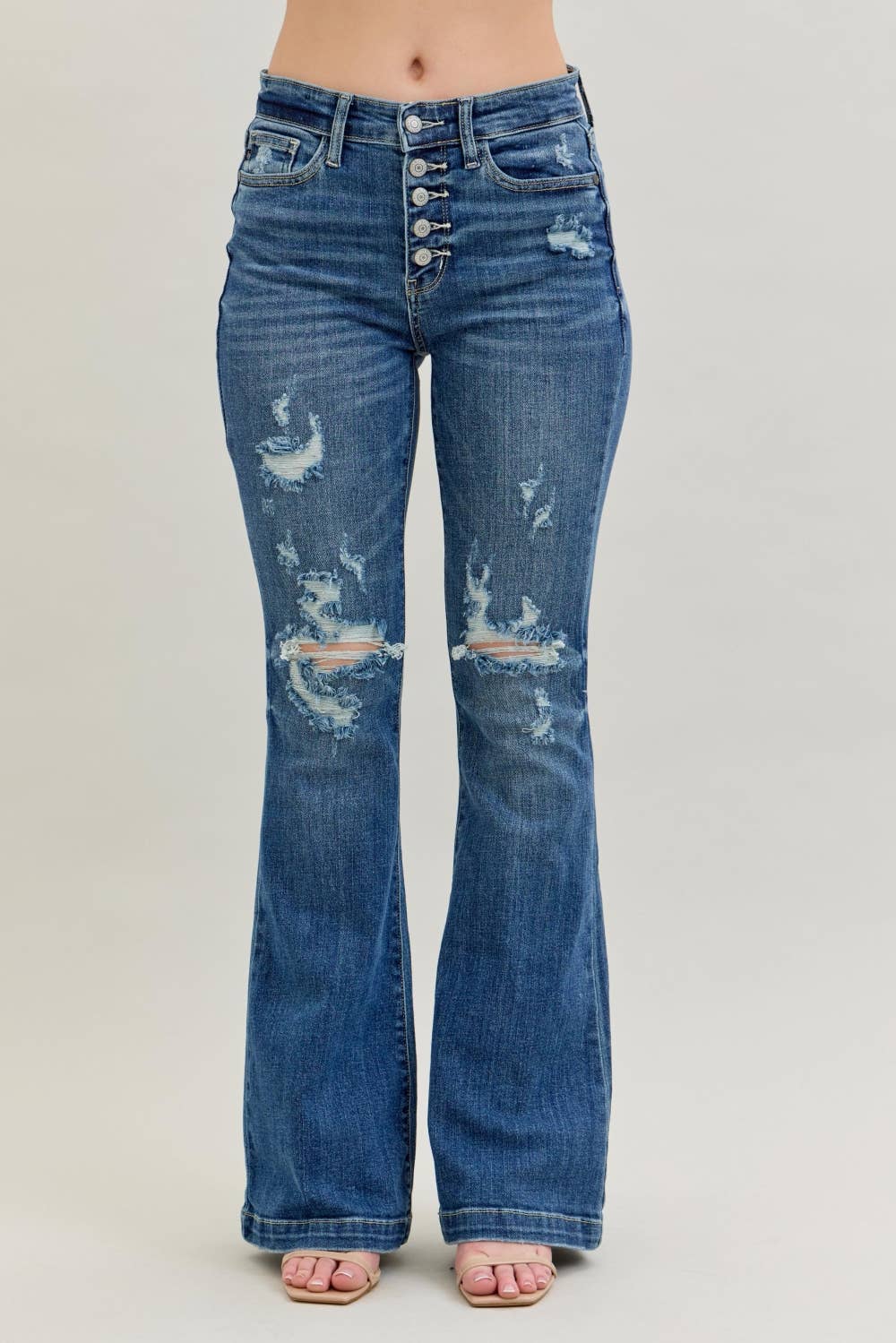 Midrise Button Fly Distressed Trouser Flare