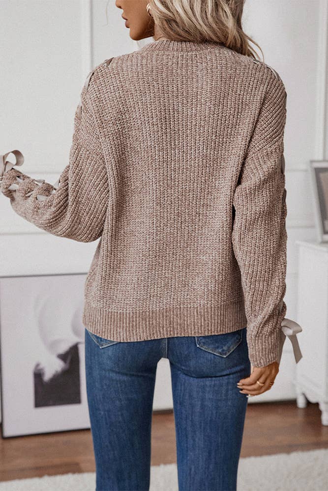 Lace Up Bowknot Round Neck Knitting Sweater