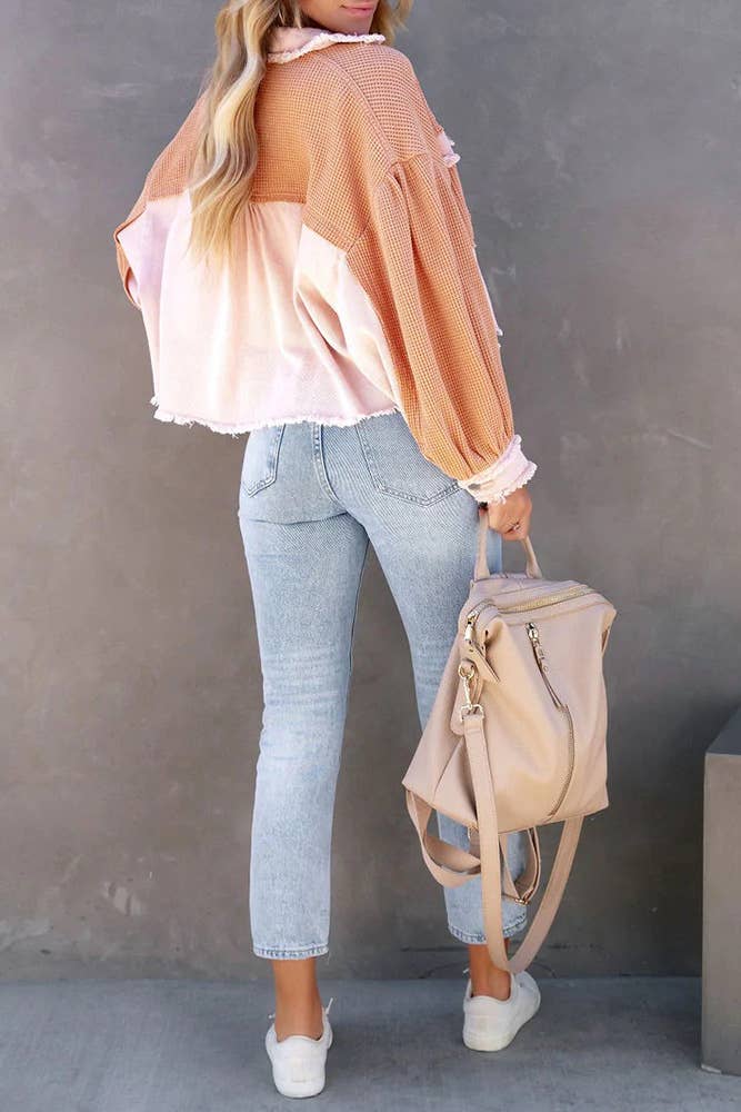 Plain Waffle Knit Button Up Crop Shacket