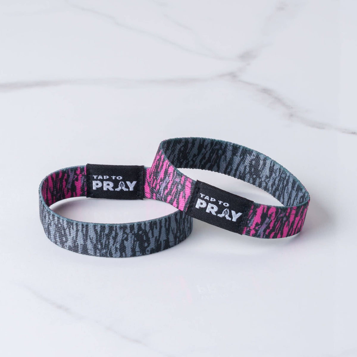 Tap To Pray™ Wristbands - Tree Bark Camo Pink & Grey