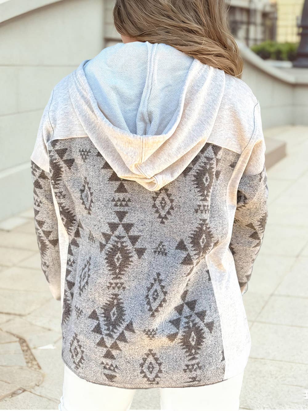 Abstract Color Block Patchwork Drawstring Hooded Shacket