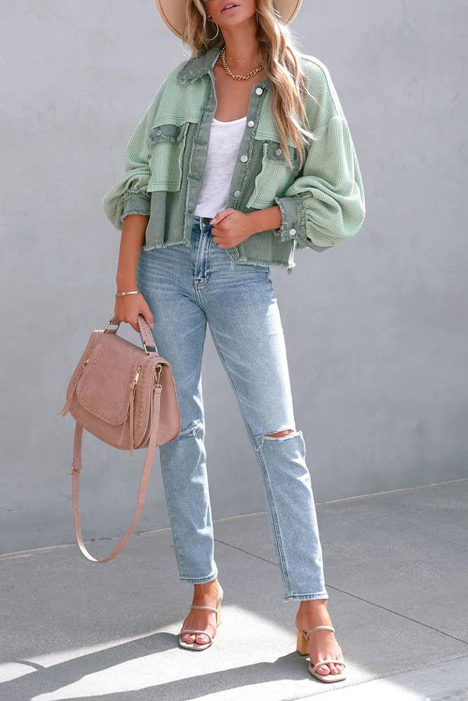 Plain Waffle Knit Button Up Crop Shacket