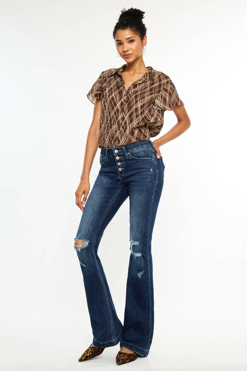 OPEN PACK MID RISE BUTTON UP DISTRESS FLARE JEANS Kan Can USA