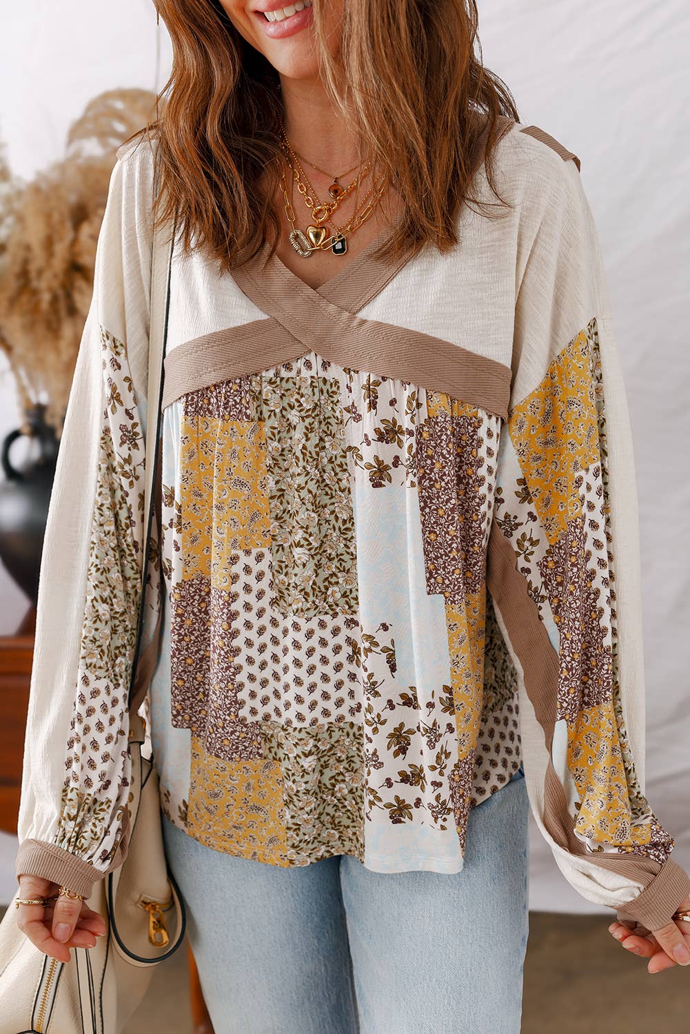 LDC Floral Printed Contrast Patchwork Long Sleeve Top