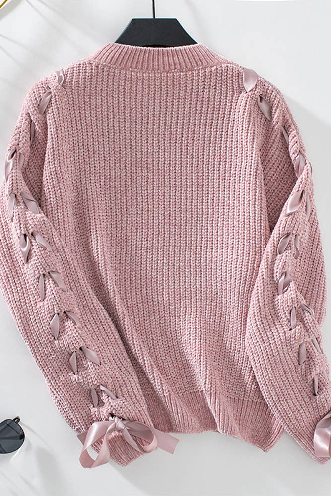Lace Up Bowknot Round Neck Knitting Sweater