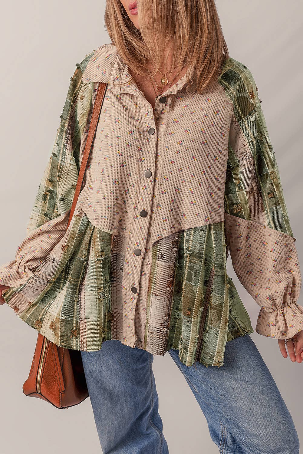 LDC Boho Floral Plaid Patchwork Distressed Shacket