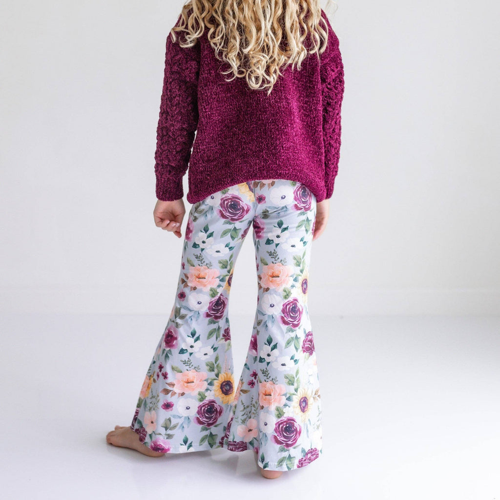 Kids Long Sleeve Plum Sweater & Sage Floral Bell Bottom Set
