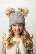 Kids Gray Cable Knit Fur Double Pom Pom Beanie Winter Hat