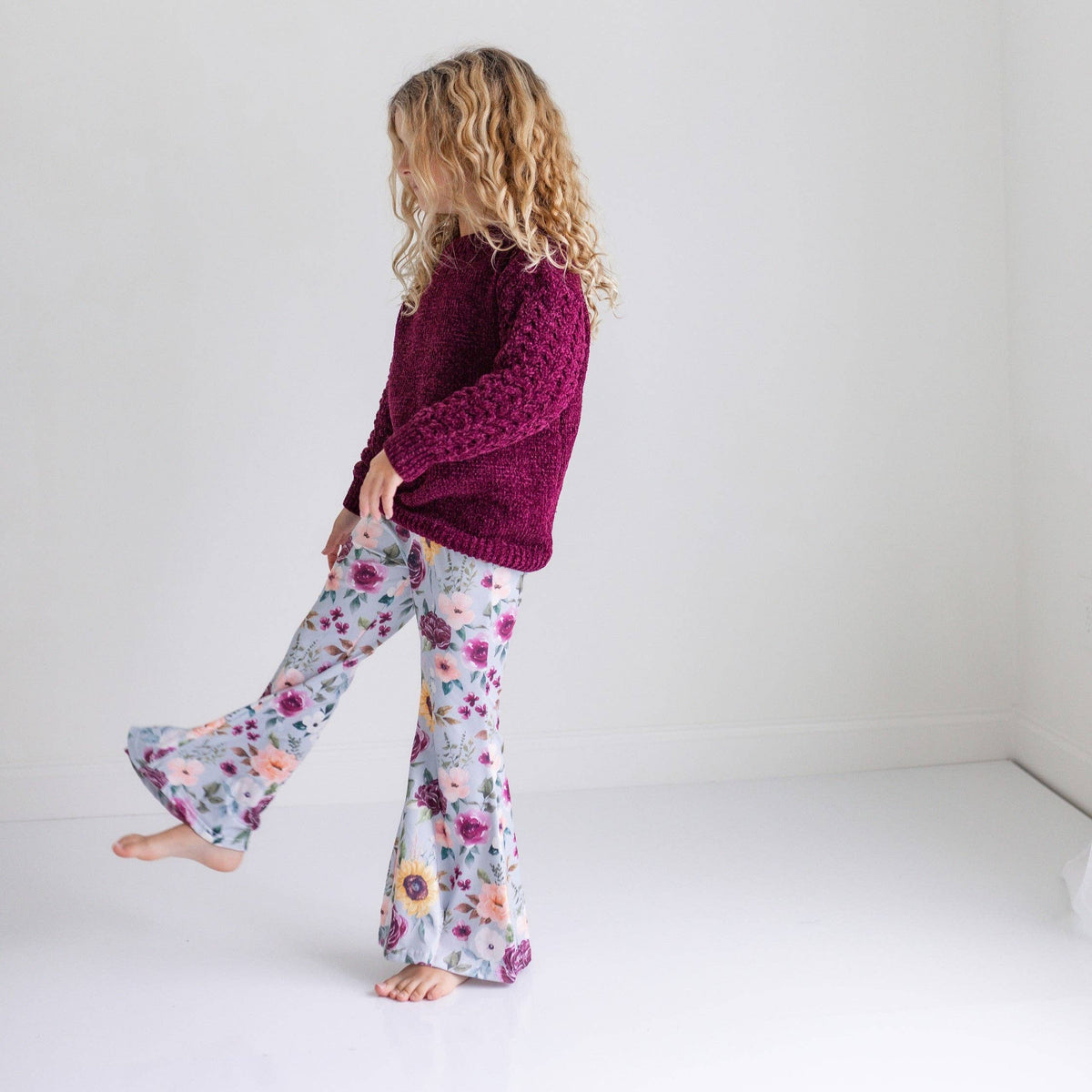 Kids Long Sleeve Plum Sweater & Sage Floral Bell Bottom Set