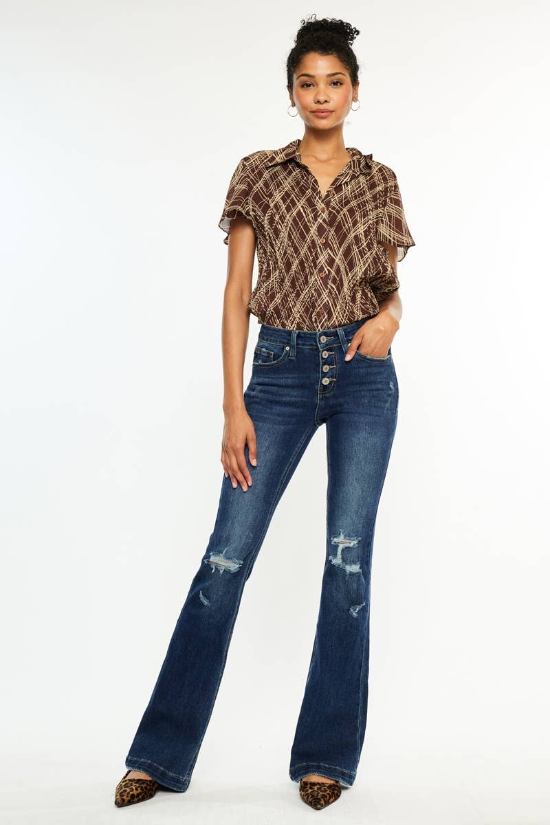 OPEN PACK MID RISE BUTTON UP DISTRESS FLARE JEANS Kan Can USA