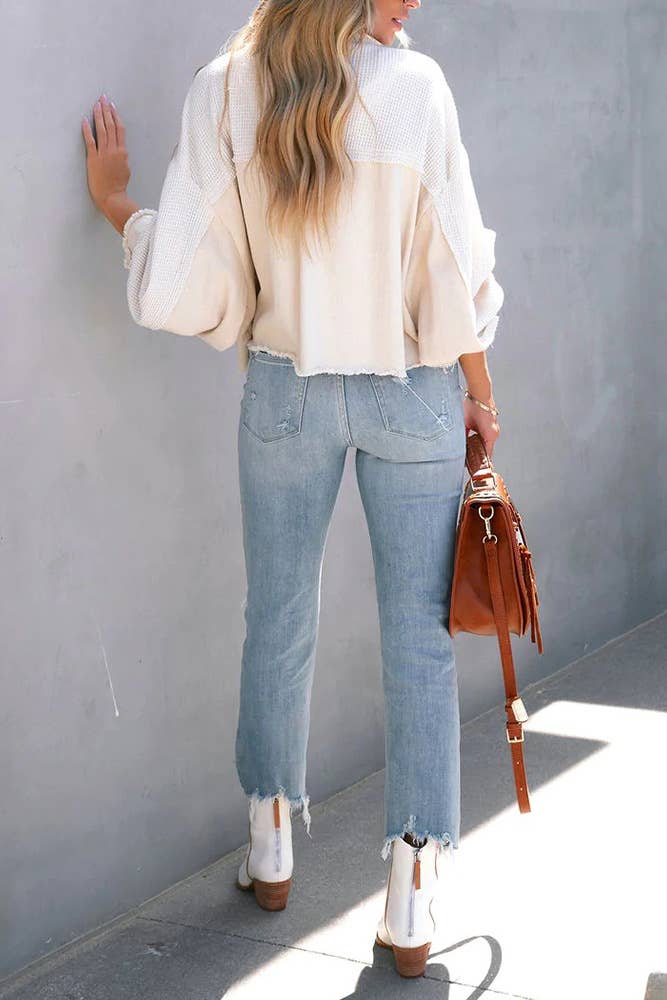 Plain Waffle Knit Button Up Crop Shacket