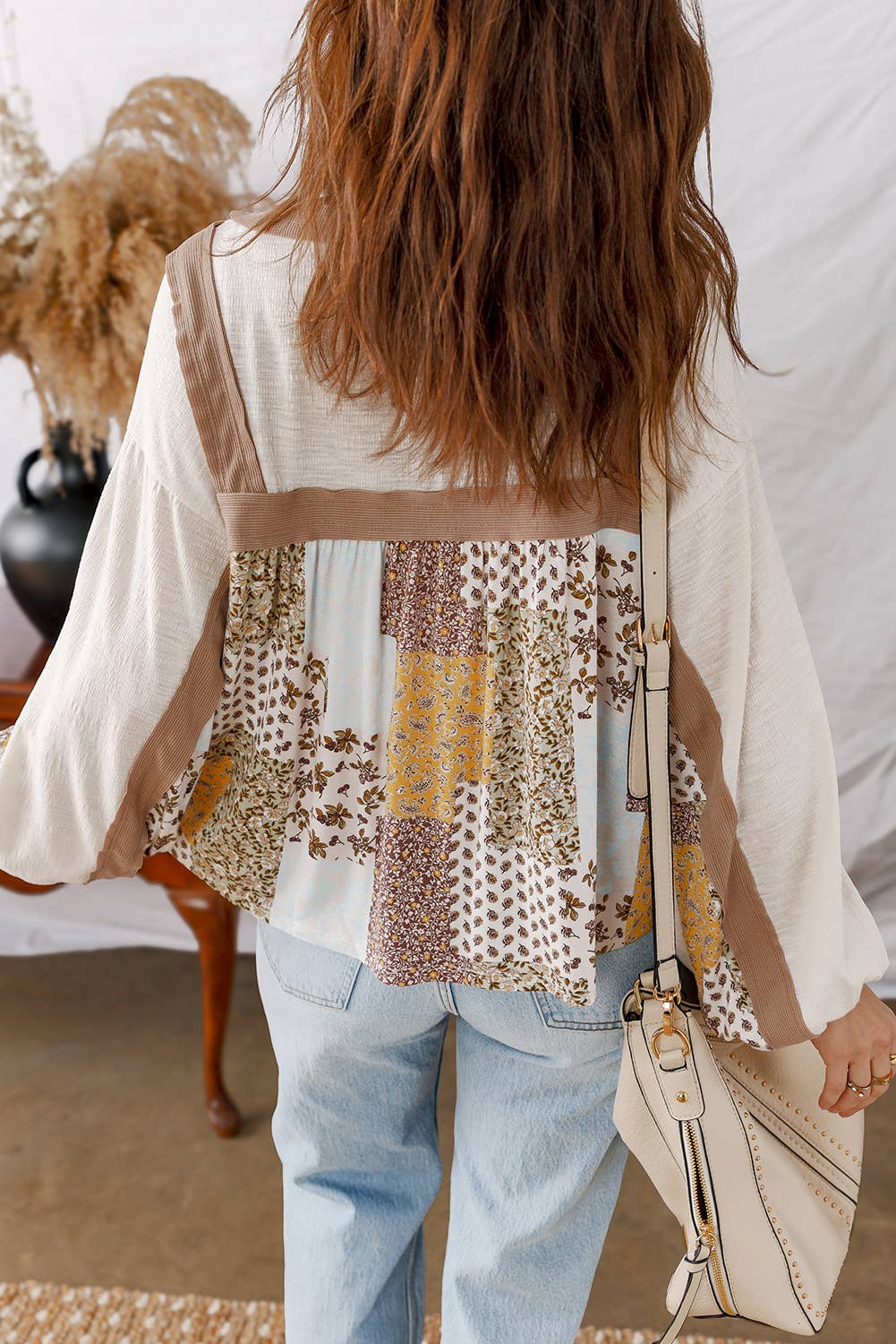 LDC Floral Printed Contrast Patchwork Long Sleeve Top